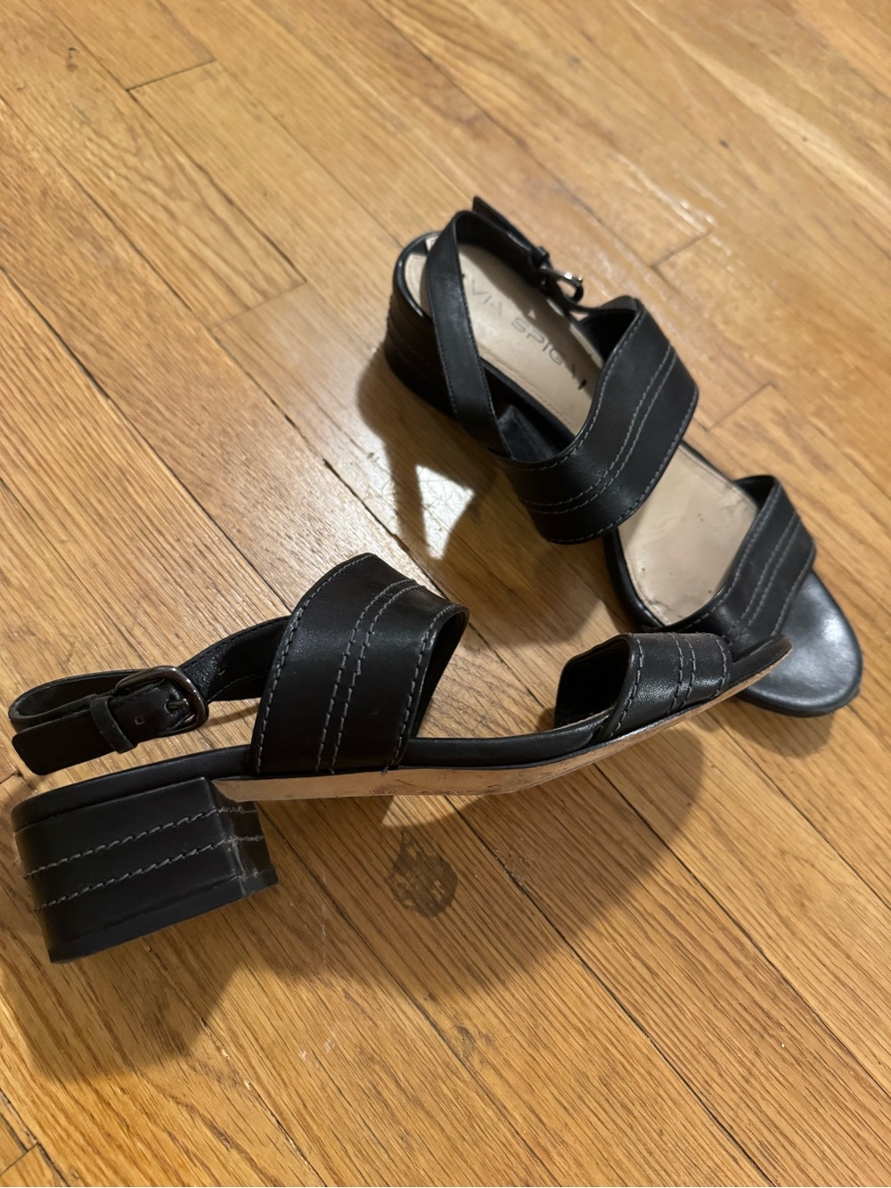 Via Spiga Black Leather Block Heel Sandals